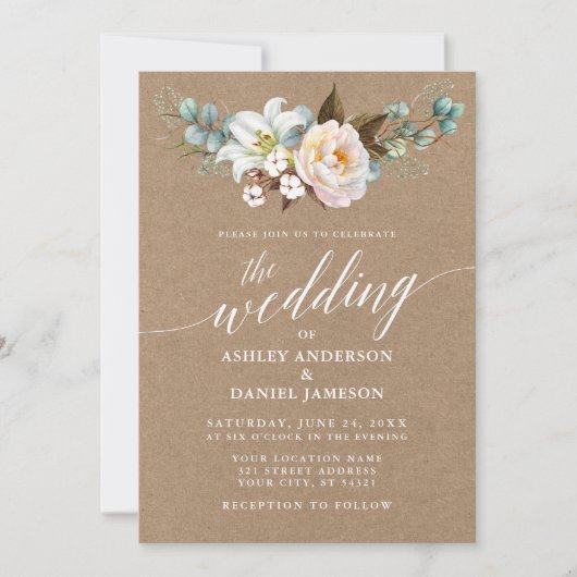 Calligrafie Botanische Floral Wedding Kraft Invite (Voorkant)