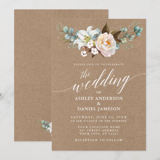 Calligrafie Botanische Floral Wedding Kraft Invite (Voorkant / Achterkant)
