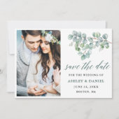 Calligrafie Botanische groene Eucalyptusbladeren Save The Date (Voorkant)