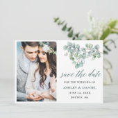 Calligrafie Botanische groene Eucalyptusbladeren Save The Date (Staand voorkant)