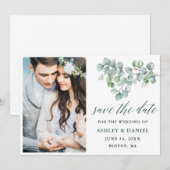 Calligrafie Botanische groene Eucalyptusbladeren Save The Date (Voorkant / Achterkant)