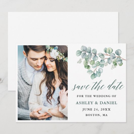 Calligrafie Botanische groene Eucalyptusbladeren Save The Date (Voorkant / Achterkant)