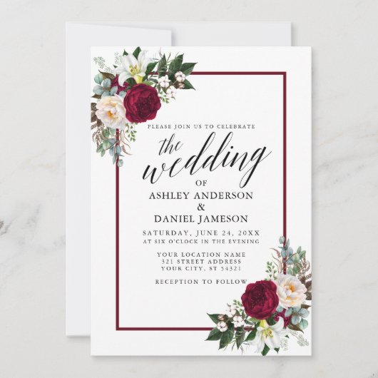 Calligrafie Bourgogne Lijst Floral Greenery Weddin Kaart (Voorkant)