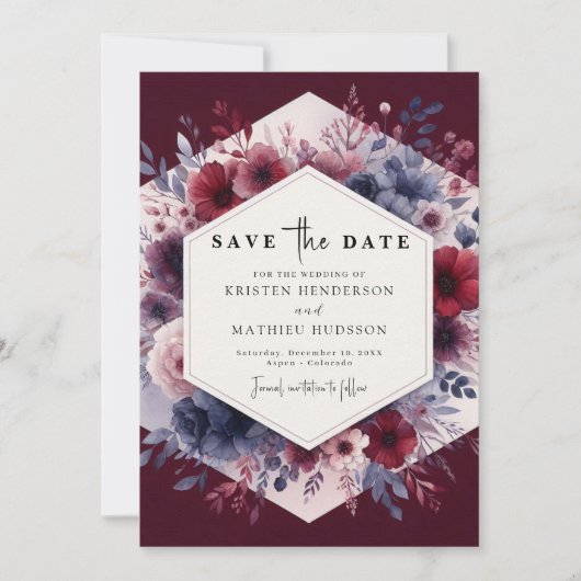 Calligrafie Bourgondische bruiloft Save The Date (Voorkant)