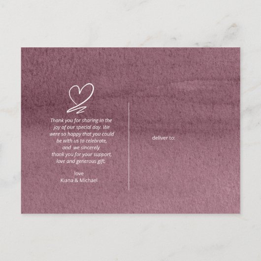 Calligrafie bruiloft Bedankt Mauve ID771 Aankondigingskaart (Achterkant)