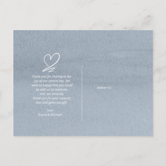 Calligrafie bruiloft Hartelijk dank! Dusty Blue ID Aankondigingskaart (Achterkant)