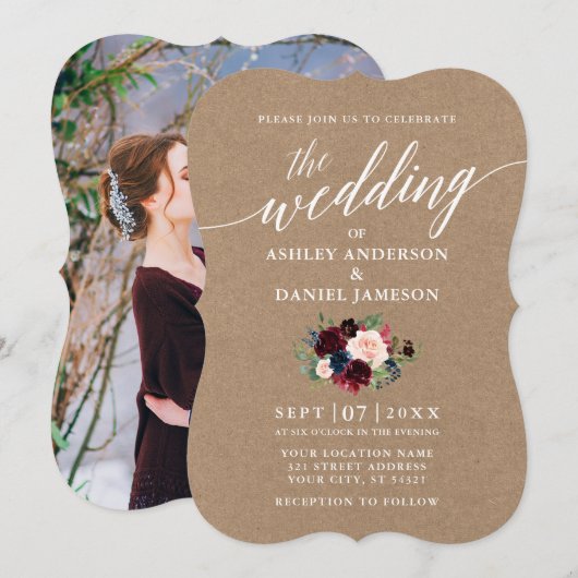 Calligrafie Burgundy Blue Floral Kraft Foto Kaart (Voorkant / Achterkant)