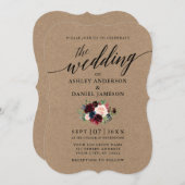 Calligrafie Burgundy Blue Floral Kraft Wedding Kaart (Voorkant / Achterkant)
