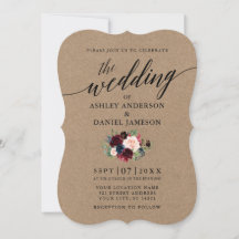 Calligrafie Burgundy Blue Floral Kraft Wedding