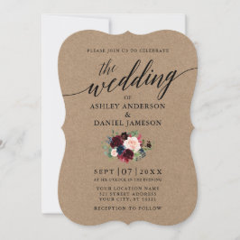 Calligrafie Burgundy Blue Floral Kraft Wedding Kaart