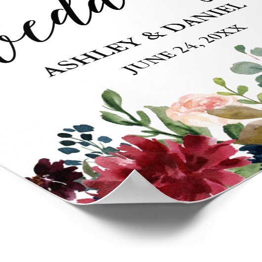 Calligrafie Burgundy Blue Floral Weddenschap Welko Poster (Hoek)