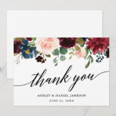 Calligrafie Burgundy Blue Floral Wedding Bedankkaart (Voorkant / Achterkant)