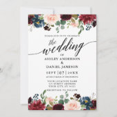 Calligrafie Burgundy Blue Floral Wedding Kaart (Voorkant)