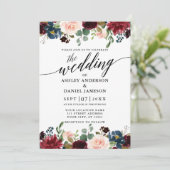 Calligrafie Burgundy Blue Floral Wedding Kaart (Staand voorkant)