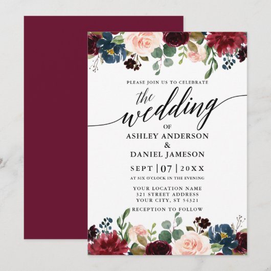Calligrafie Burgundy Blue Floral Wedding Kaart (Voorkant / Achterkant)