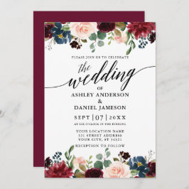 Calligrafie Burgundy Blue Floral Wedding Kaart
