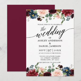 Calligrafie Burgundy Blue Floral Wedding Kaart