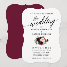 Calligrafie Burgundy Blue Floral Wedding Kaart