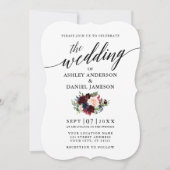 Calligrafie Burgundy Blue Floral Wedding Kaart (Voorkant)