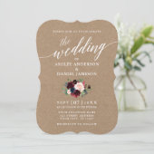 Calligrafie Burgundy Blue Floral Wedding Kraft Kaart (Staand voorkant)