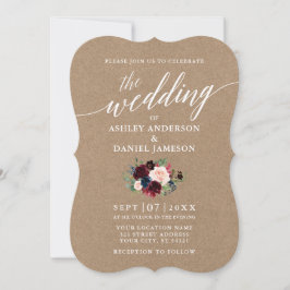 Calligrafie Burgundy Blue Floral Wedding Kraft Kaart