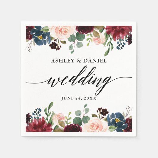 Calligrafie Burgundy Blue Floral Wedding Servet (Voorkant)