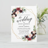 Calligrafie Burgundy Blue Geometric Gold Wedding Kaart (Staand voorkant)