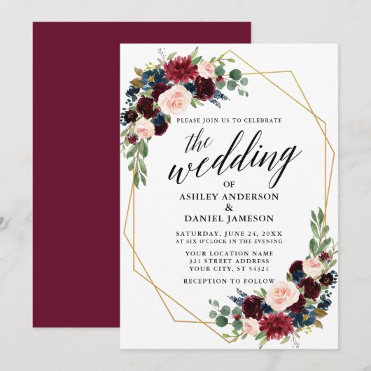 Calligrafie Burgundy Blue Geometric Gold Wedding Kaart (Voorkant / Achterkant)