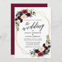 Calligrafie Burgundy Blue Geometric Gold Wedding