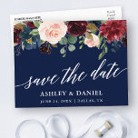 Calligrafie Burgundy Floral bespaart de datum blau Briefkaart<br><div class="desc">Moderne elegante kalligrafie,  Waterverf Burgundy Blue Floral Wedding Save the Date Briefkaart</div>
