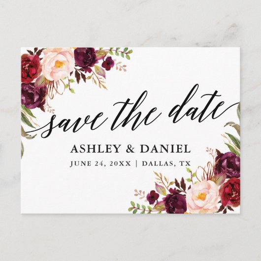 Calligrafie Burgundy Floral bespaart de datum Briefkaart (Voorkant)