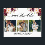 Calligrafie Burgundy Floral bespaart foto op datum Aankondigingskaart<br><div class="desc">Moderne kalligrafiescript,  Waterverf Burgundy Floral,  sparen de Aankondiging van het Verloving van de Datum Briefkaart 3 van de Foto</div>
