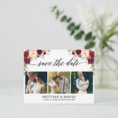 Calligrafie Burgundy Floral bespaart foto op datum Aankondigingskaart (Staand voorkant)
