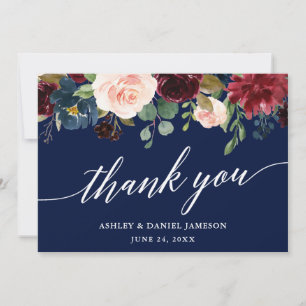 Calligrafie Burgundy Floral Blue Wedding Bedankkaart