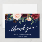 Calligrafie Burgundy Floral Blue Wedding Bedankkaart (Voorkant / Achterkant)