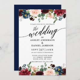 Calligrafie Burgundy Floral Blue Wedding Kaart