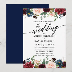 Calligrafie Burgundy Floral Blue Wedding Kaart