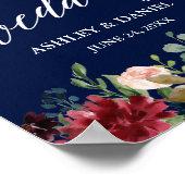 Calligrafie Burgundy Floral Blue Wedding Welcome Poster (Hoek)