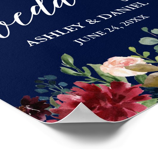 Calligrafie Burgundy Floral Blue Wedding Welcome Poster (Hoek)