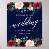 Calligrafie Burgundy Floral Blue Wedding Welcome Poster (Voorkant)