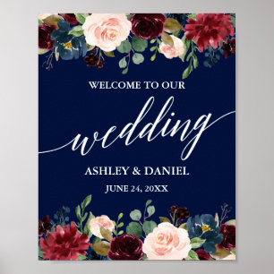 Calligrafie Burgundy Floral Blue Wedding Welcome Poster
