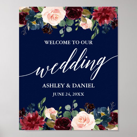 Calligrafie Burgundy Floral Blue Wedding Welcome Poster (Voorkant)