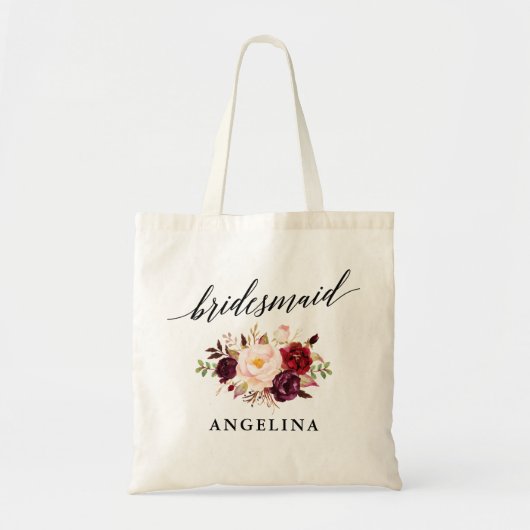 Calligrafie Burgundy Floral Bridesmaid Tote Bag (Voorkant)