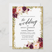 Calligrafie Burgundy Floral Gold Glitter Wedding Kaart (Voorkant)