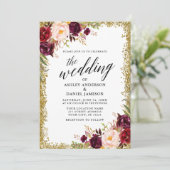 Calligrafie Burgundy Floral Gold Glitter Wedding Kaart (Staand voorkant)