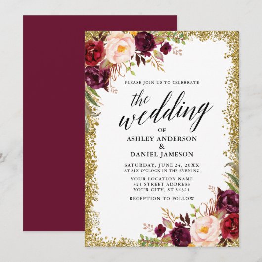 Calligrafie Burgundy Floral Gold Glitter Wedding Kaart (Voorkant / Achterkant)