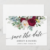 Calligrafie Burgundy Floral Greenery bespaart de d Save The Date (Voorkant / Achterkant)
