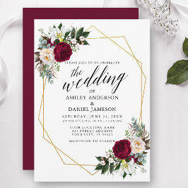 Calligrafie Burgundy Floral Greenery Gold Wedding Kaart