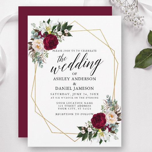 Calligrafie Burgundy Floral Greenery Gold Wedding Kaart