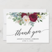 Calligrafie Burgundy Floral Greenery Wedding Bedankkaart (Voorkant)